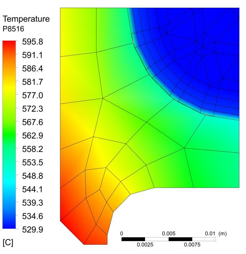 6.16. Rozkład temperatury w przekroju poprzecznym rury w odległości 8516 mm od wlotu, przy podziale obszaru na 238 277 elementów skończonych Wydruk 4.