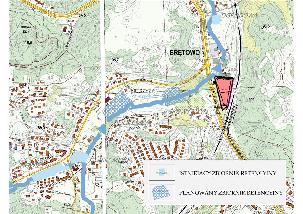 zlewnia potoku Strzyża; GOSPODARKA WODAMI OPADOWYMI w sąsiedztwie zbiorniki retencyjne: - istniejące Ogrodowa, Górny Młyn i Nowiec, - planowane Dolne Młyny i Jaśkowy Młyn; ograniczenie natężenia