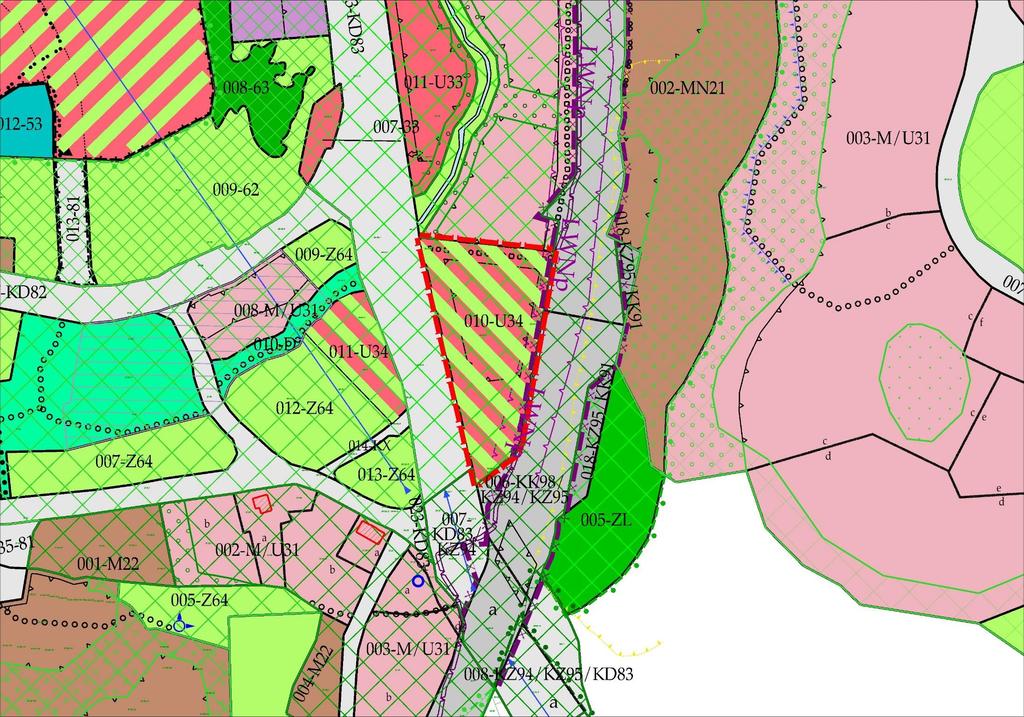 SYTUACJA PLANISTYCZNA 012-M/U31 010-U34 TEREN ZABUDOWY USŁUGOWEJ Z ZIELENIĄ TOWARZYSZĄCĄ: POW. ZABUDOWY: 20 % INTENSYWNOŚĆ: 0,5 POW. BIOLOGICZNA: 70 % WYSOKOŚĆ: 12 M DACH: STROMY 30-50 st.