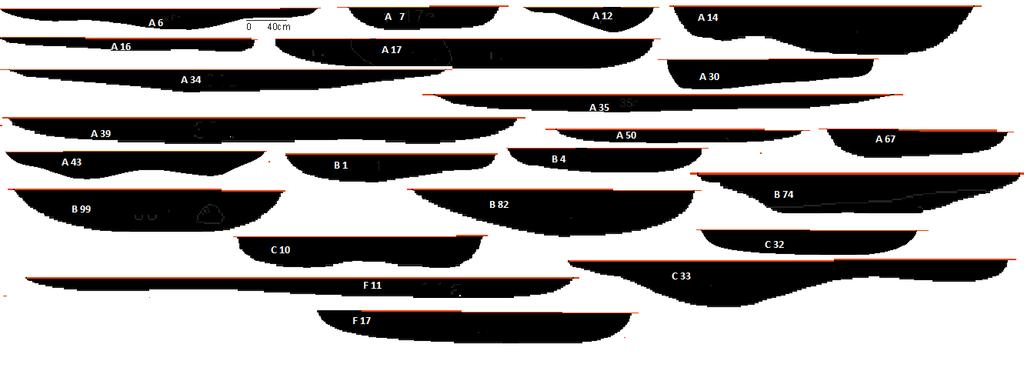 opis warstw: 42a czarna próchnica słabo zbielicowana 42b brązowa próchnica średnio zbielicowana ROZLEGŁE, PŁYTKIE NIECKOWATE JAMY Należą tu obiekty nr