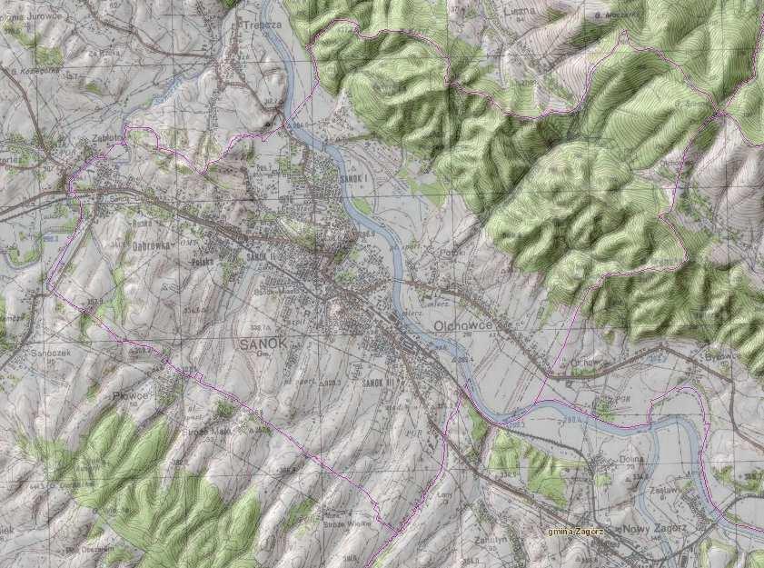 Rys. 1. Rzeźba terenu miasta Sanoka, źródło: geoportal.pl 1.4. Wody powierzchniowe i podziemne Głównym elementem układu hydrologicznego Sanoka jest rzeka San. San jest prawym dopływem Wisły.