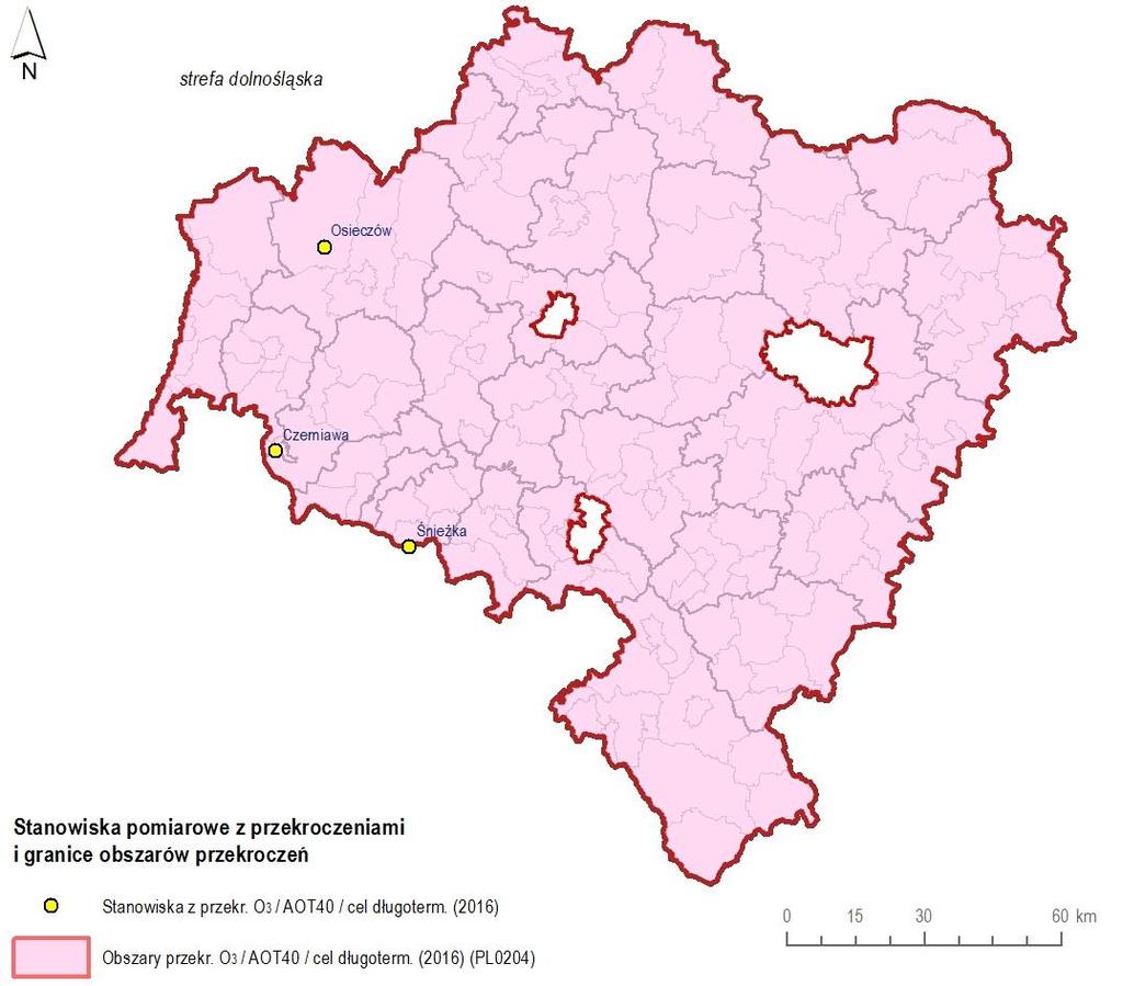 Ocena poziomów substancji w powietrzu oraz wyniki klasyfikacji stref województwa dolnośląskiego za 2016 rok 34 Mapa 5.10.