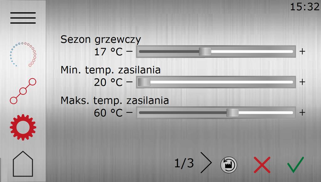 5.3 Ustawienia ogrzewania W widoku Ustawienia ogrzewania można ustawić zatrzymanie sezonowe oraz minimalną/maksymalną temperaturę zasilania. 1.