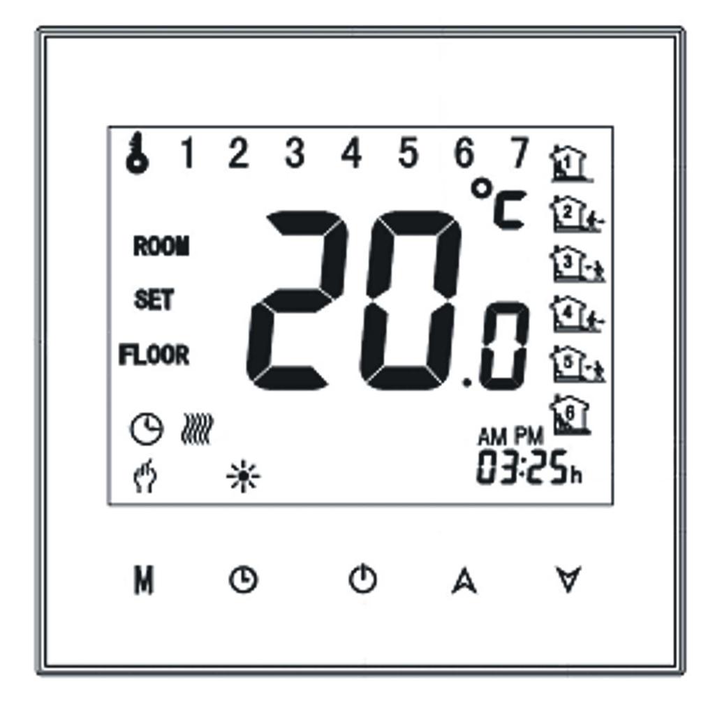 Termostat posiada wbudowany zegar czasu rzeczywistego i umożliwia zaprogramowanie temperatur zadanych w systemie 5+2 (Pn-Pt, So-Ni).