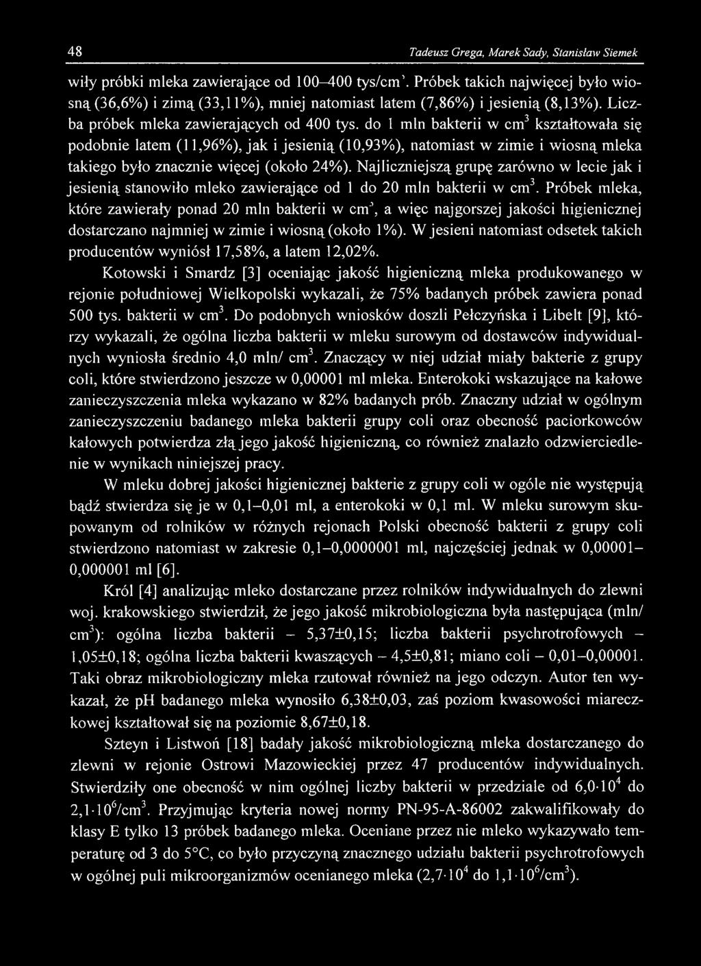 48 Tadeusz Grega, Marek Sady, Stanisław Siemek wiły próbki mleka zawierające od 100-400 ty s/cm.
