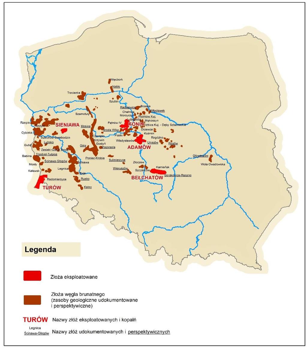 Rysunek 8. Lokalizacja wybranych złóż węgla brunatnego w Polsce Źródło: Piwocki, M., Kasiński J., Saternus A. Dyląg J.K., Gientka M., Walentek I.