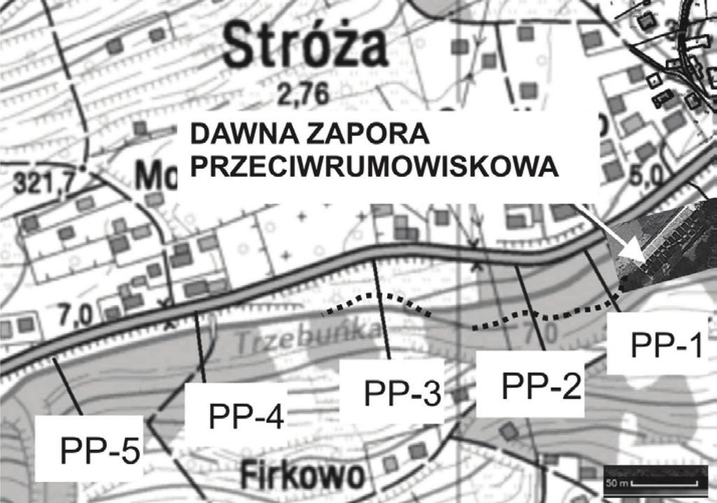 Zmiany koryta potoku... Koryto potoku powyżej zapory jest żwirowe, z niewielką terasą zalewową.