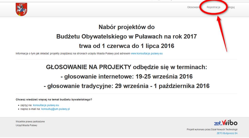 Aby zgłosić projekt musimy założyć konto w systemie Wibo: 1. Wchodzimy na stronę www.wibo.um.pulawy.pl i klikamy w link Rejestracja w górnym prawym rogu strony: Rysunek 1 Strona główna systemu Wibo 2.