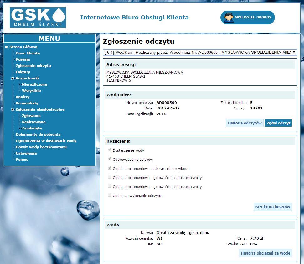 2. Z listy rozwijanej wybieramy interesujący nas numer wodomierza 1. W Menu głównym klikamy na Zgłoszenie odczytu 3.