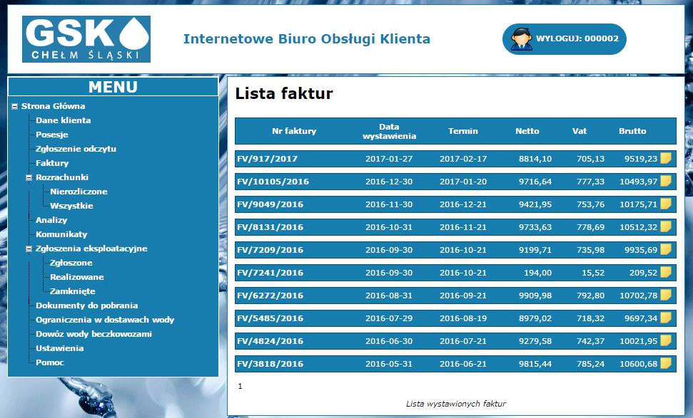 3.3 Faktury (pobranie e-faktury) W liście faktur przedstawione są faktury wystawione ze sprzedaży podstawowej w sposób narastający.