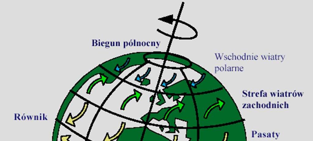 Kierunki wiatrów na Ziemi Pasaty, ulegając działaniu siły Coriolisa odchylają