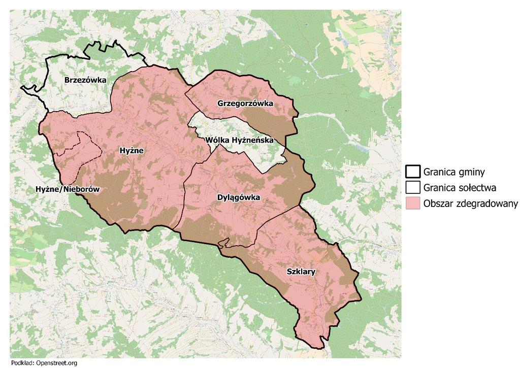 7.2. Zasięgi przestrzenne obszaru zdegradowanego Zgodnie z wynikami powyższych tabeli, jako obszar zdegradowany wskazano: Dylągówka, Grzegorzówka, Hyżne, Szklary.