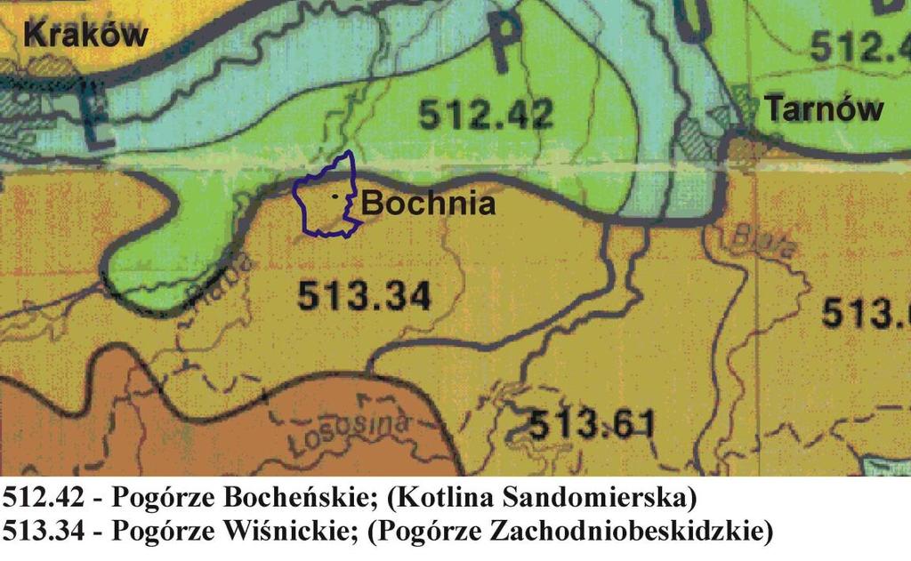 Rys.1. Położenie Bochni na tle podziału fizycznogeograficznego J. Kondrackiego ŹRÓDŁO: GEOGRAFIA REGIONALNA POLSKI PWN WARSZAWA 1998R.