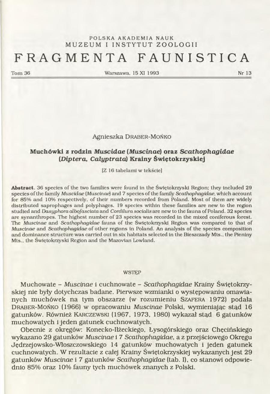 POLSKA AKADEMIA NAUK MUZEUM I INSTYTUT ZOOLOGII FRAGMENTA FAUNISTICA T om 36 W arszawa.