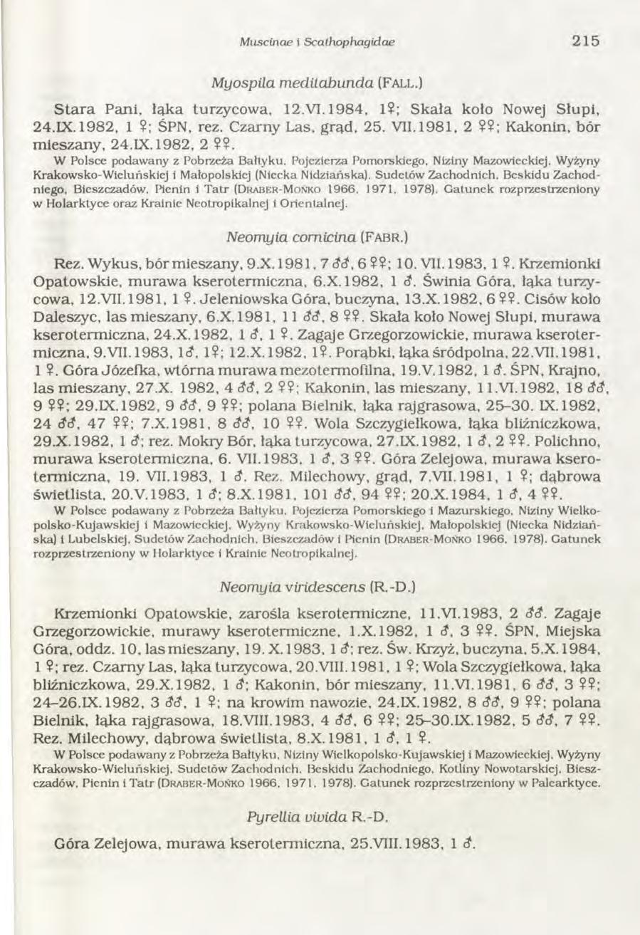 Miiscinae i Scathophagidae 215 Myospila m editabunda (F a l l.) S ta ra Pani, łąka turzycow a, 12.VI. 1984, 1?; S kała koło Nowej Słupi, 24.IX. 1982, 1?; ŚPN, rez. Czarny Las, grąd, 25. VII. 1981, 2?