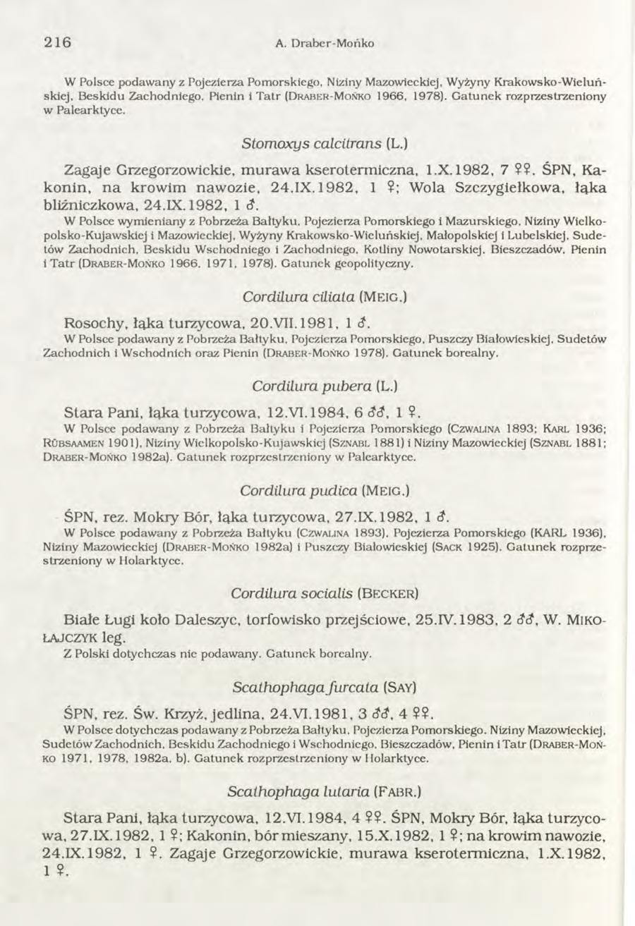 216 A. Draber-M ońko W Polsce podaw any z Pojezierza Pomorskiego, Niziny Mazowieckiej, Wyżyny K rakowsko-w ieluńskiej, B eskidu Zachodniego. Pienin i T atr (D r a b e r -M ońko 1966, 1978).