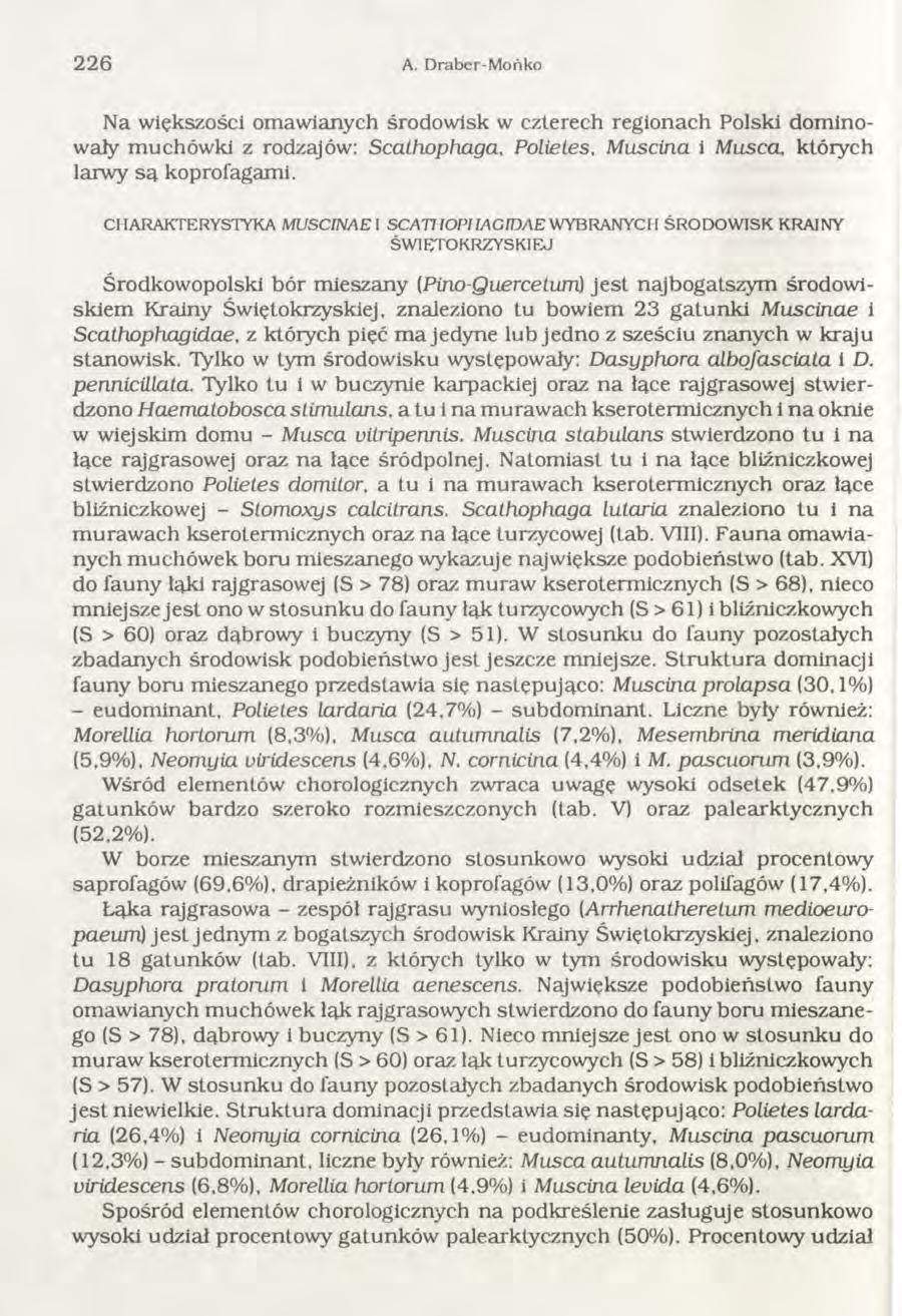 226 A. Draber-M ońko Na większości om aw ianych środow isk w czterech regionach Polski dom inowały m uchów ki z rodzajów: Scathophaga, Polietes, M uscina i Musca, których larwy s a kopro fagami.