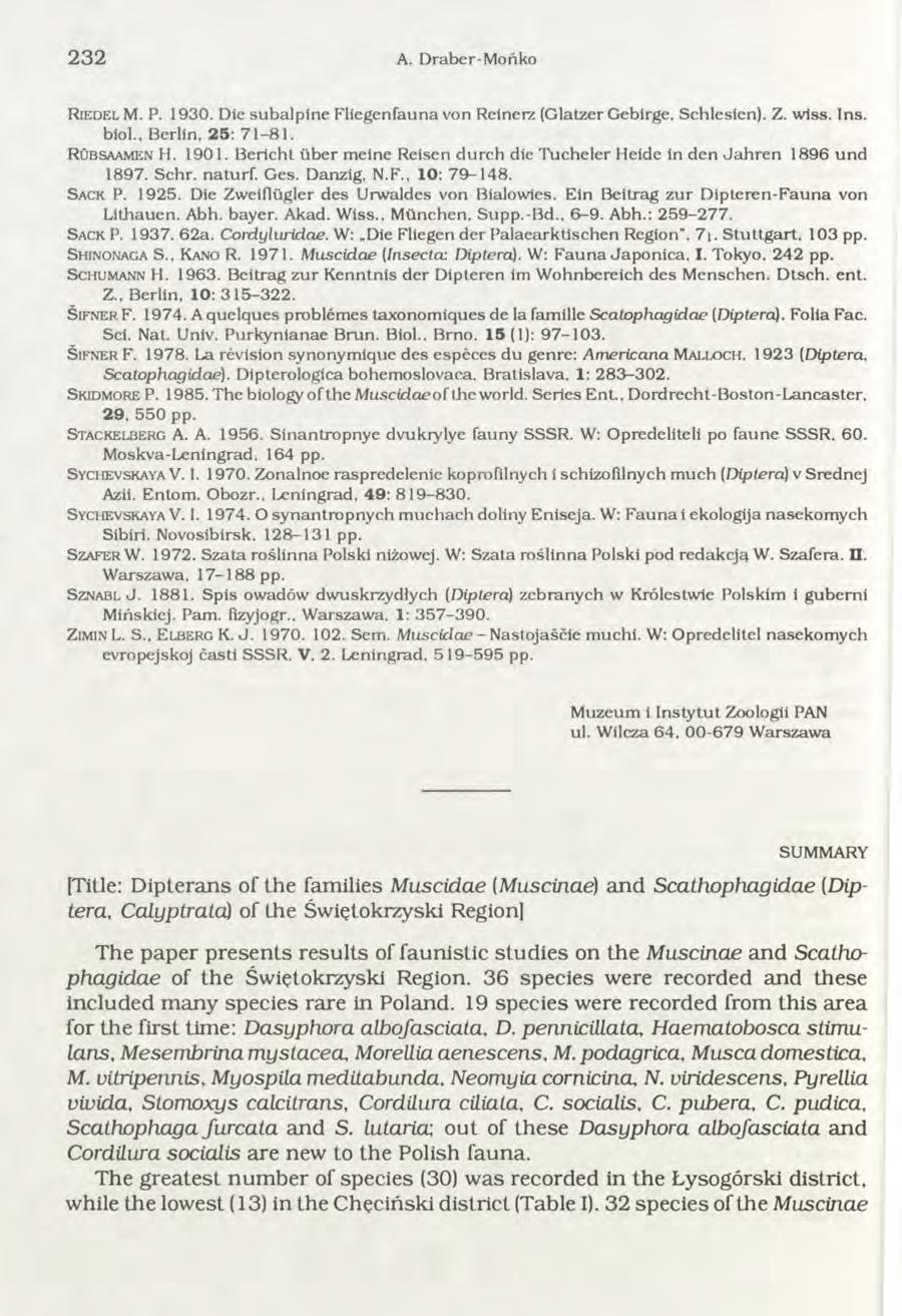 232 A. D raber-mońko R i e d e l M. P. 1930. Die subalpine Fliegenfauna von Reinerz (Glatzer Gebirge, Schlesien). Z. wiss. Ins. biol., Berlin. 25: 71-81. R u b sa a m e n H. 1901.