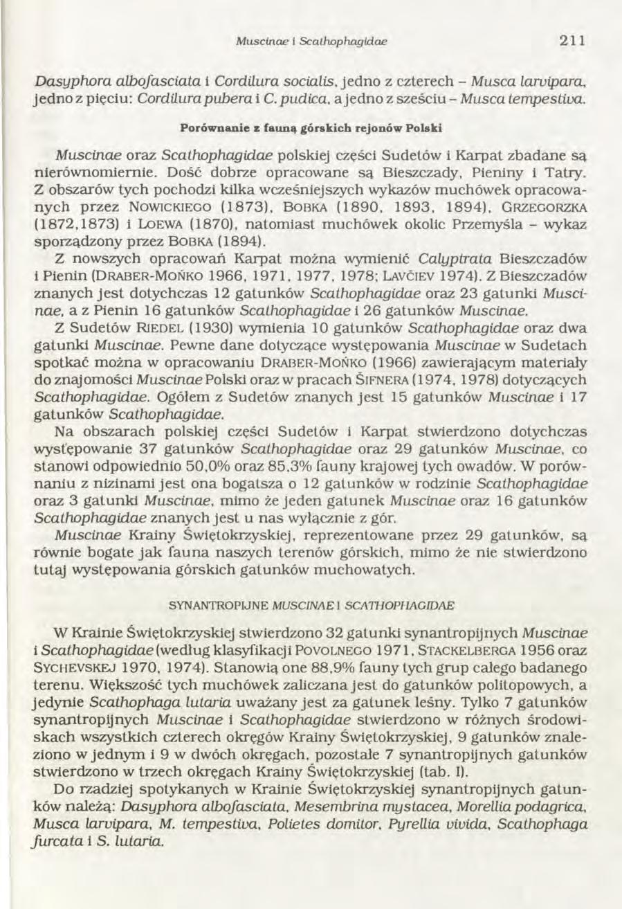 Miiscinae i Scathophagidae 211 D asyphora albofasciata i Cordilura socialis, jedno z czterech - M usca larvipara, jedno z pięciu: Cordilura pubera i C. pudica, a jedno z sześciu - M usca tempestiua.