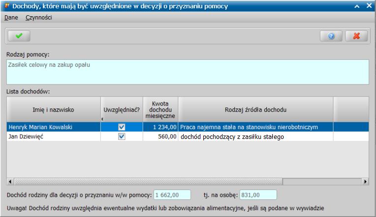 Wybór przycisku spowoduje pokazanie okna Dochody, które mają być uwzględnione w decyzji o przyznaniu pomocy.