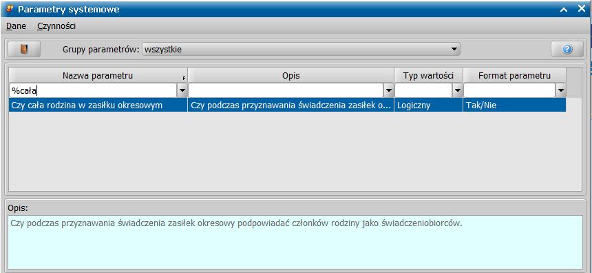 Podpowiedź całej rodziny, jako świadczeniobiorców zasiłku okresowego W aktualizacji 3-16.3 POMOST Std dodano parametr o nazwie Czy cała rodzina w zasiłku okresowym.