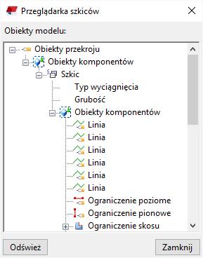 Po kliknięciu obiektu w oknie edytor szkiców Tekla Structures podświetla obiekt w oknie Przeglądarka szkiców; działa to również w drugą stronę.