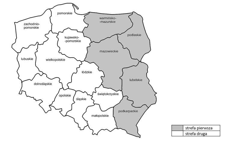 Program wprowadza podział terytorium Rzeczypospolitej Polskiej na strefę pierwszą oraz drugą, w zależności od ryzyka wystąpienia CSF w tej strefie, zgodnie z poniższą mapą. Mapa 2.