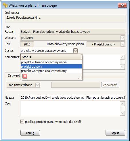 jednostek sprawozdawczych albo grupowo. W sytuacji, gdy zmiana dotyczy jednej jednostki, operacje zmiany statusu można wykonać, edytując nagłówek wskazanego projektu planu finansowego.