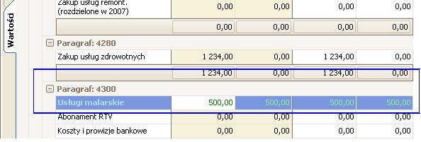 40 Materiały dla uczestnika szkolenia 8. Odszukaj pozycję Usługi malarskie przypisaną do paragrafu 4300. 9. W kolumnie Plan wpisz np. 500,00 i ustaw kursor myszy wiersz poniżej.