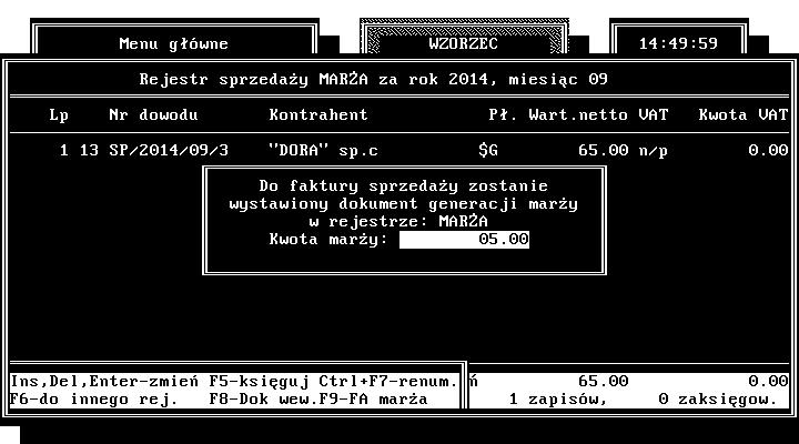 Rys 65. Generowanie faktury VAT marża. Z poziomu rejestru sprzedaży VAT użytkownik ma możliwość wydruku rejestru VAT marża dla biur turystycznych i dla firm działających na zasadzie komisu.