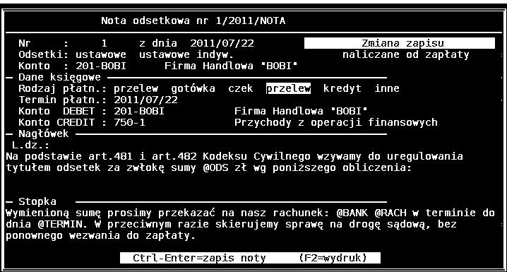 <ENTER> pozwala na podgląd poszczególnych dekretów. Wyboru pozycji na notę dokonujemy przez zaznaczenie spacją odpowiednich zapisów i potwierdzenie wyboru przez <CTRL>+<ENTER>.