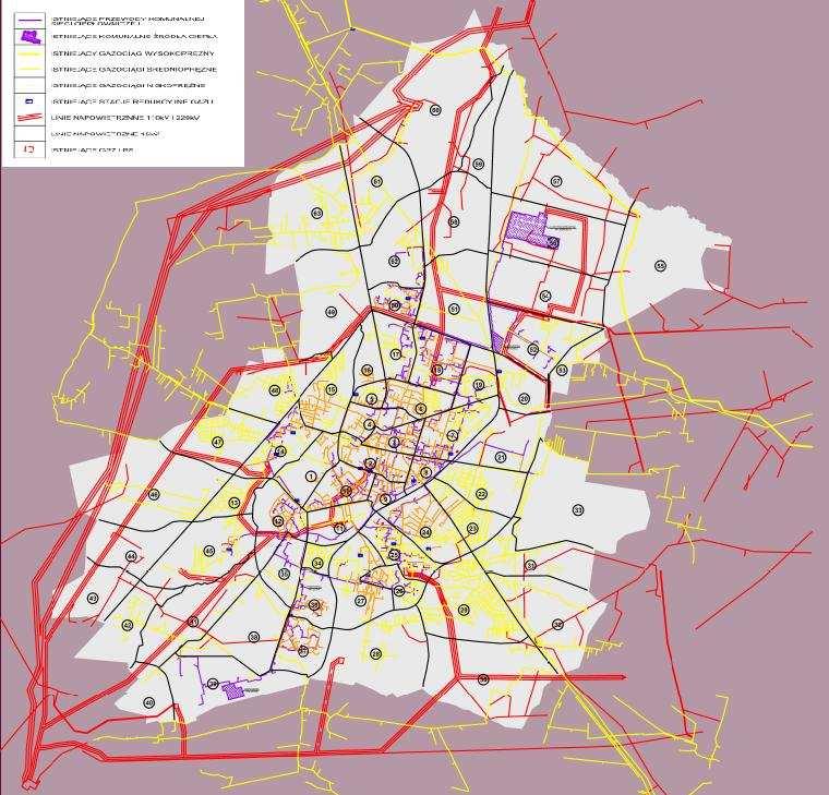Na poniższym rysunku przedstawiono zasięg sieci ciepłowniczej, gazowniczej a także elektrycznej na terenie miasta Radom.
