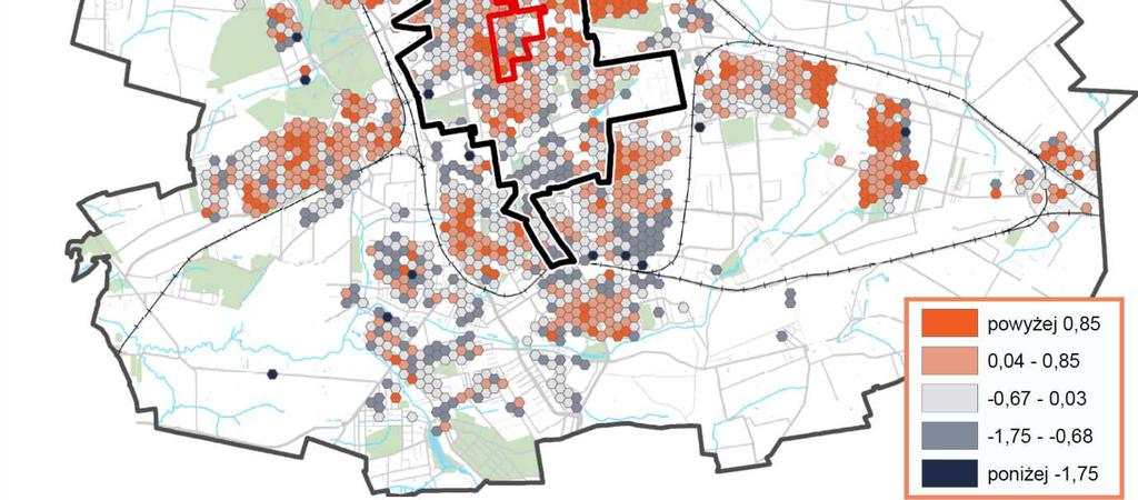północnego skrawka obszaru pomiędzy ulicami Łagiewnicką, Podrzeczną/Wolborską a granicą obszaru rewitalizacji (ulicami Wojska Polskiego i Organizacji WiN), niemal cały obszar rewitalizacji jest