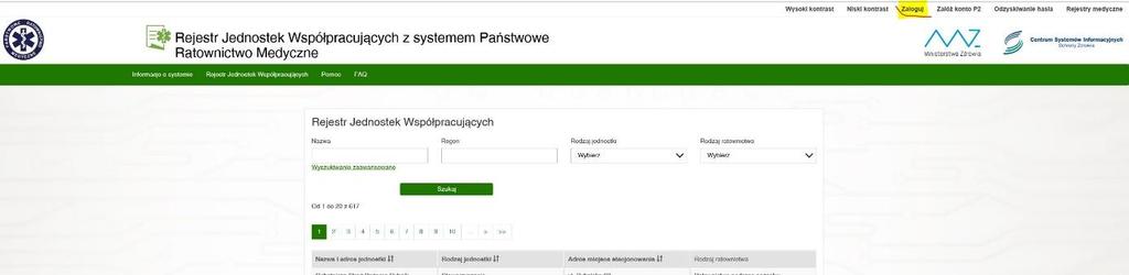 2. Logowanie do systemu. Aby zalogować się do systemu należy nacisnąć przycisk Zaloguj, znajdujący się w prawym górnym rogu ekranu.