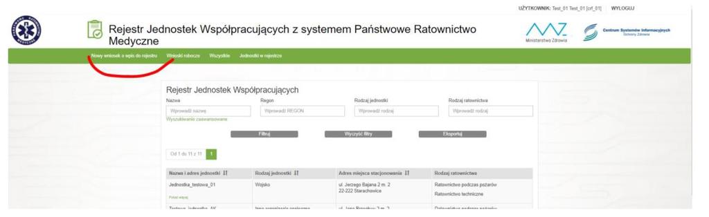 Złożenie wniosku w RJWPRM Aby dodać nowy wniosek, w oknie głównym, na pasku menu