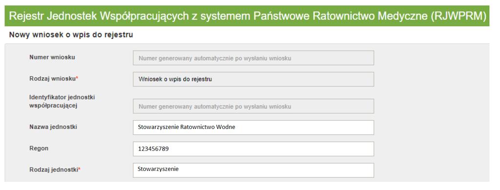 W pierwszej kolejności wypełniamy podstawowe dane dotyczące wniosku: W powyższej części Numer wniosku (pole wyszarzone) zostanie uzupełnione automatycznie po złożeniu,