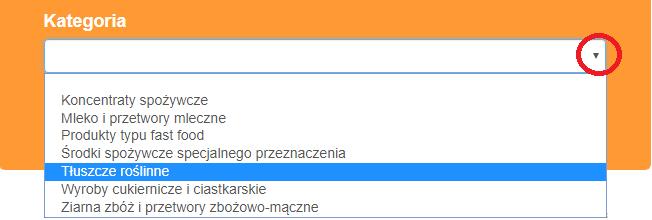 SCIEŻKA 1: KATEGORIA KROK 1 WYBÓR KATEGORII ŻYWNOŚCI w polu Kategoria kliknij na znajdującą się z prawej strony strzałkę (poniżej wyróżnioną czerwonym kolorem) - na ekranie