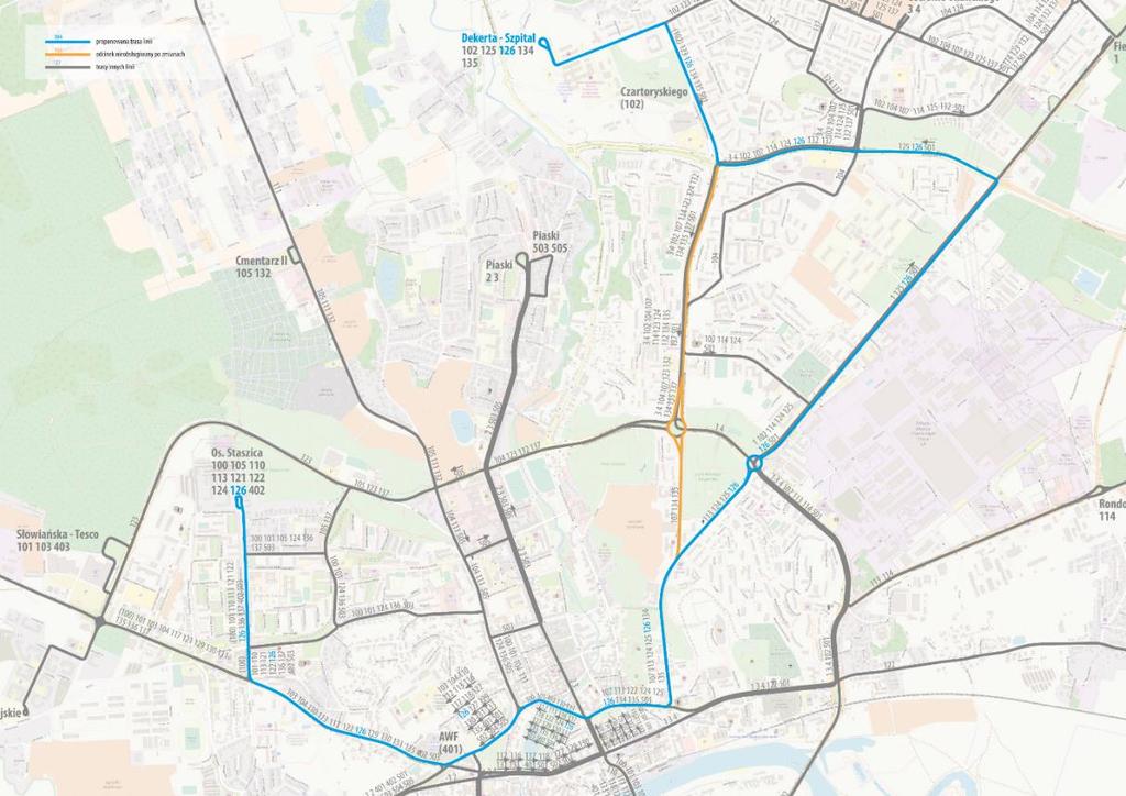 Rysunek 4. Docelowy przebieg linii 126 Źródło: Optymalizacja układu sieci i taryfy opłat komunikacji miejskiej na terenie miasta Gorzowa Wlkp.