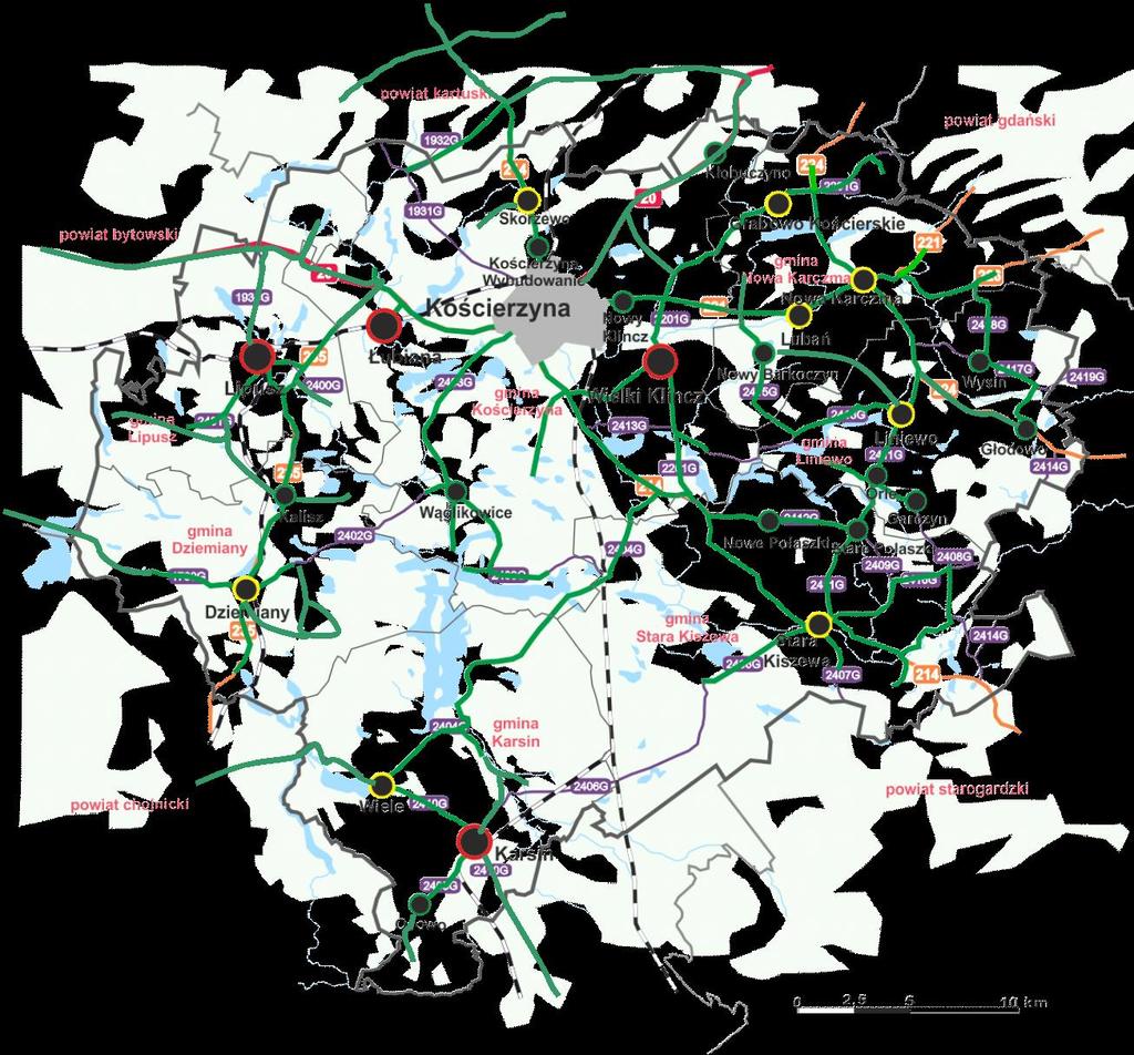 Rys. 24. Mapa tras połączeń komunikacyjnych użyteczności publicznej w powiecie kościerskim Źródło: opracowanie własne. Przedstawione propozycje par kursów należy traktować jako wymogi minimalne.