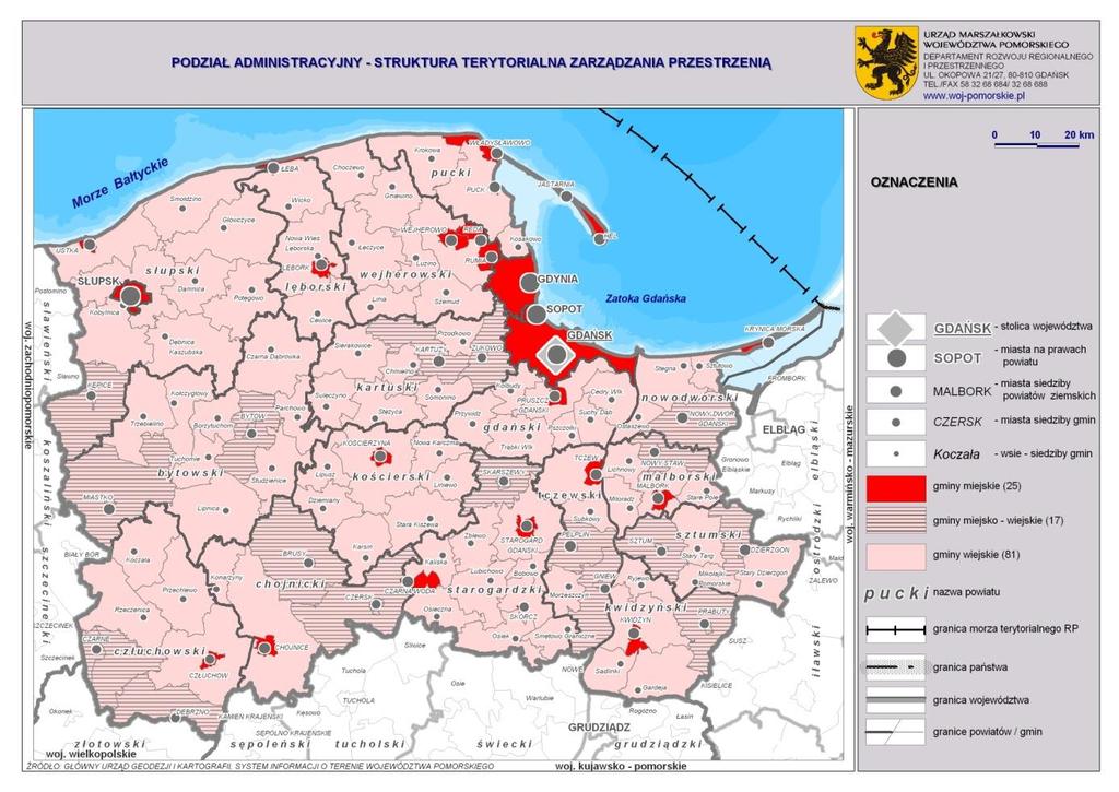 Rys. 2. Podział administracyjny województwa pomorskiego Źródło: www.pomorskie.eu, dostęp 10.12.2014 r. Powiat kościerski zajmuje 6,4% powierzchni województwa pomorskiego, co jest 8.