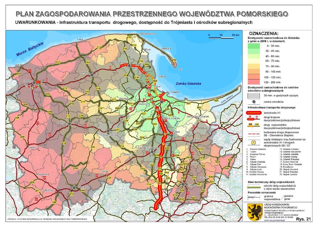 Rys. 6. Dostępność samochodowa do głównych ośrodków w województwie pomorskim Źródło: Plan zagospodarowania przestrzennego województwa pomorskiego, Gdańsk 2009.
