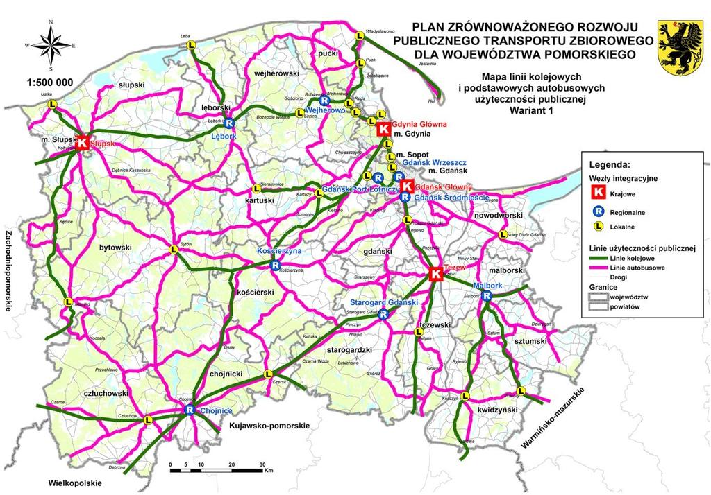 Człuchów/Chojnice Kościerzyna (III klasa); Kościerzyna Żukowo Gdańsk (III klasa). Dwie ostatnie linie autobusowe zdefiniowano jako uzupełniające, interwencyjne.