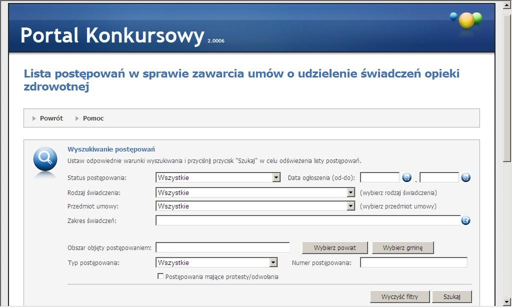 105 Portale Oddziałowe Mamy możliwość wyboru postępowania z listy wg parametrów spełniających warunki określone w filtrach.