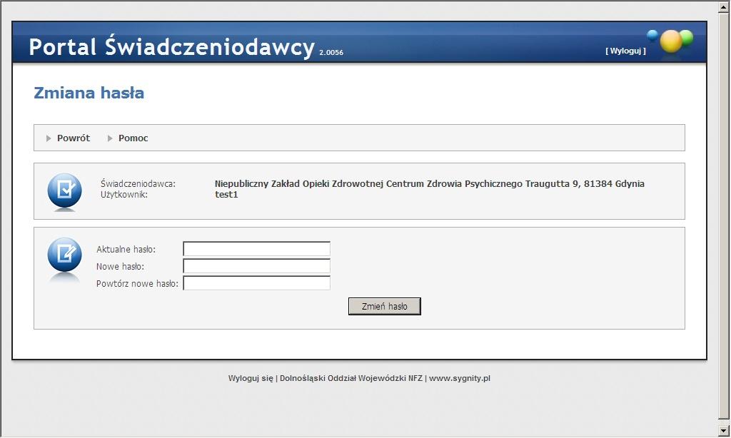 Po pozytywnym komunikacie dotyczącym zmiany hasła, wracamy na stronę administracji i opcji Portalu Świadczeniodawcy za pomocą przycisku Powrót.