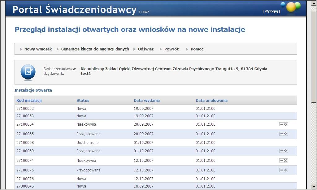 PORTAL ŚWIADCZENIODAWCY 7. 16 Przegląd instalacji otwartych oraz wniosków na nowe instalacje - Po wejściu do funkcjonalności otrzymujemy dane w dwóch tabelach.