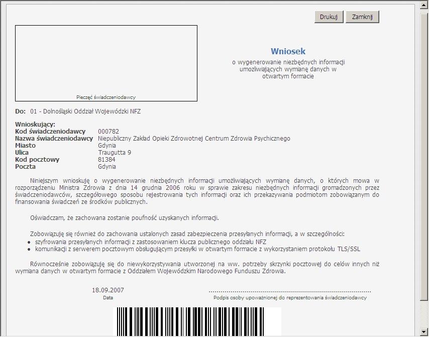 17 Portale Oddziałowe (należy pamiętać o wyłączeniu blokowania wyskakujących okienek). W momencie wydruku wniosku informacje o nim zapisywane są do bazy danych.