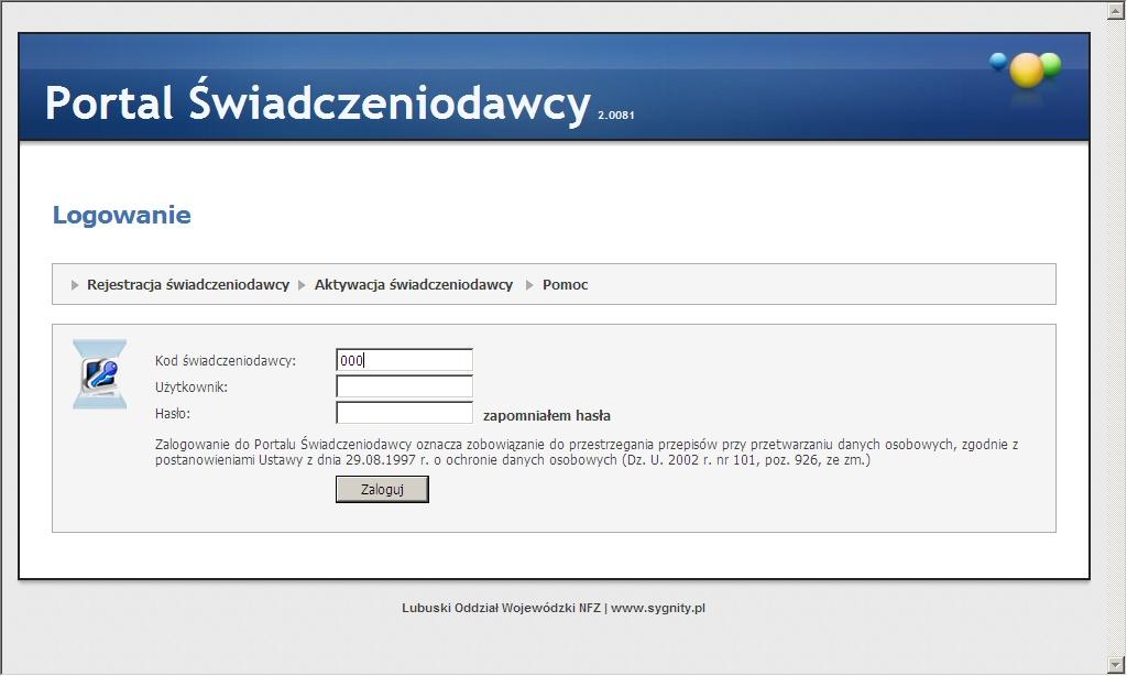5 Portale Oddziałowe Po nawiązaniu połączenia z serwerem, na którym znajduje się serwis, pojawi się zamieszczona powyżej strona www, umożliwiająca wejście do systemu, po podaniu przydzielonego