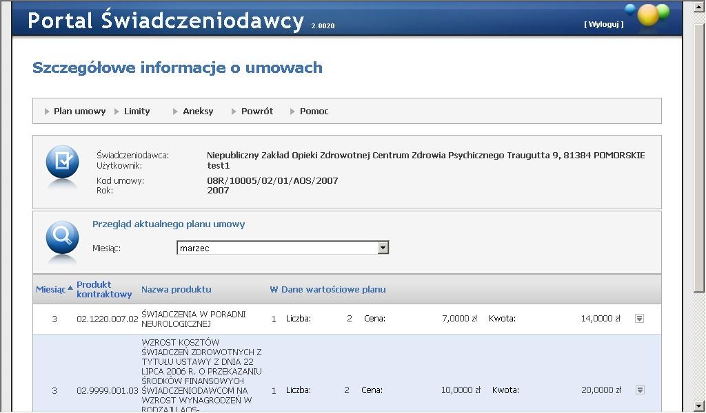 75 Portale Oddziałowe Na pierwszej zakładce Plan umowy jest prezentowany jednolity i aktualny plan umowy z uwzględnieniem ostatnio
