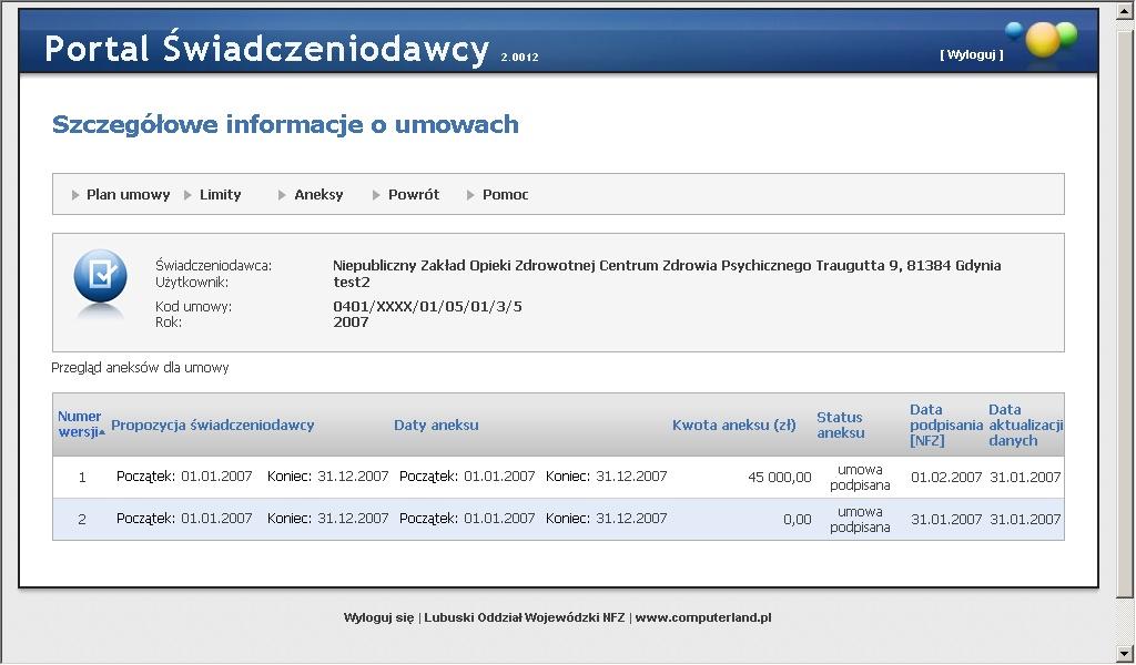 PORTAL ŚWIADCZENIODAWCY 76 Na ostatniej zakładce Aneksy, prezentowany jest przegląd aneksów do umowy. 1.4.