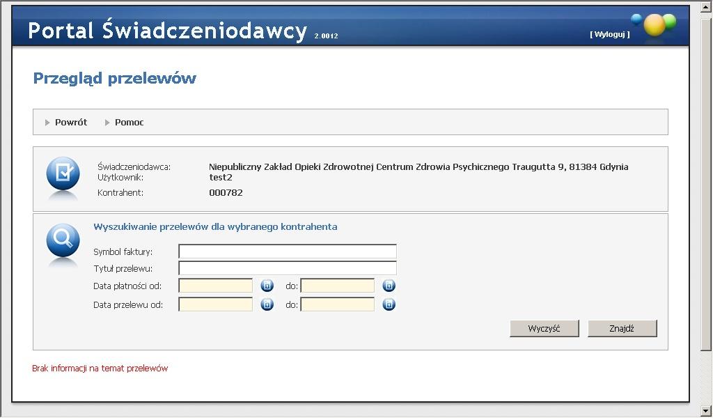 Świadczeniodawcą. Na formularzu wyświetlona jest lista przelewów bankowych wynikająca z danych systemu księgowego NFZ.
